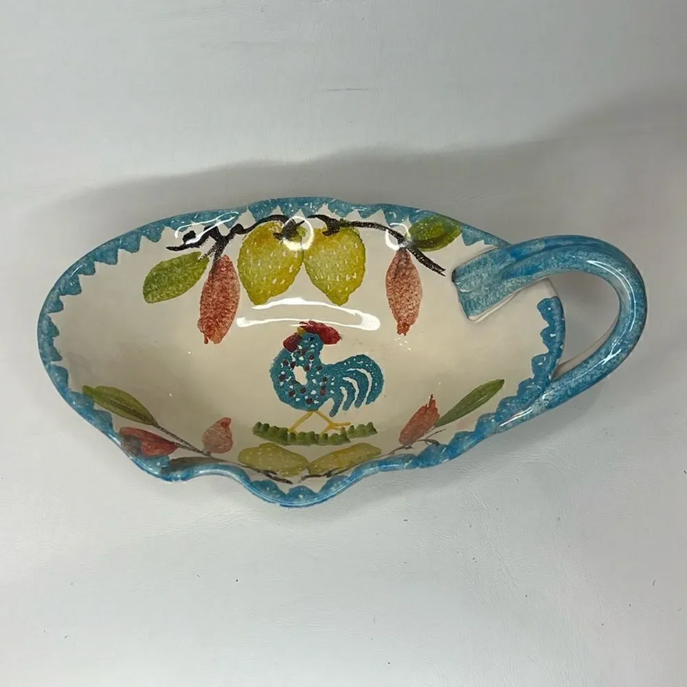 MC Ceramic Michele Favolose Rooster Vine Blue Cream Gravy Sauce Serving Boat
